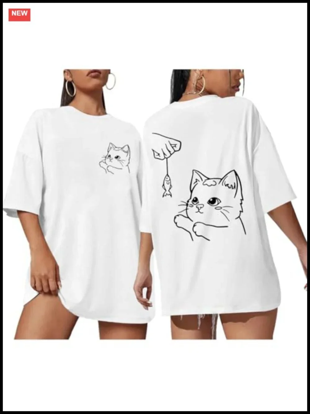 Oversized Kawaii Cat Graphic Tee Women Crew Neck Casual Summer Top Cotton Blend